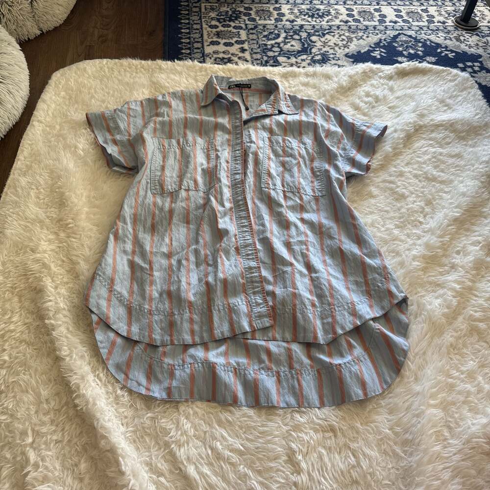 Zara Shirt Womens Medium Oxford‎ Tunic Blue Red Stripe Collared Hi Low Gathered